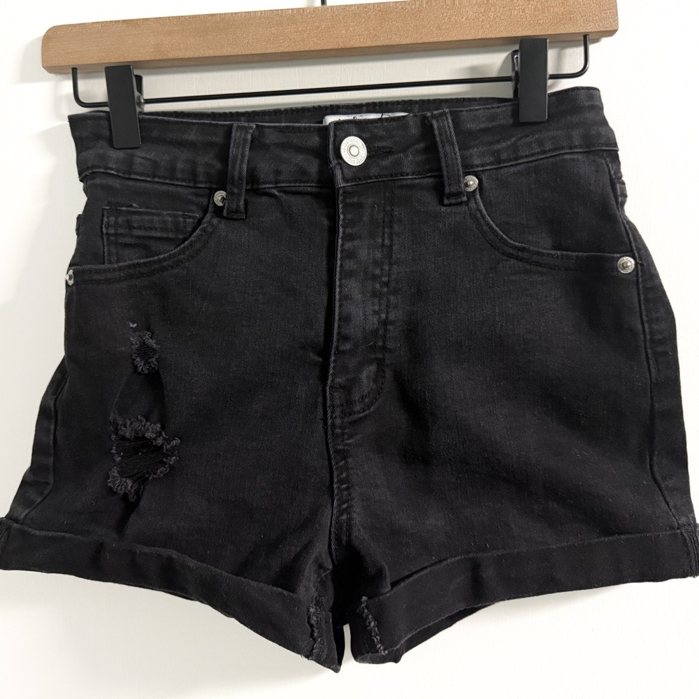 Wax Jean Black High Rise Denim Shorts M Distressed Cuffed 3” Inseam
